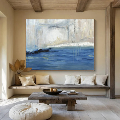 Serene Blue - White Waterfall Abstract Painting for a Peaceful and Focused Study Sanctuary DLZ2786