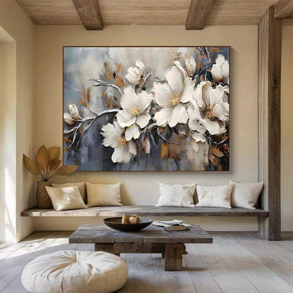 Impasto White Flower Branch Art for Elegant Hotel Lobbies DLZ3091