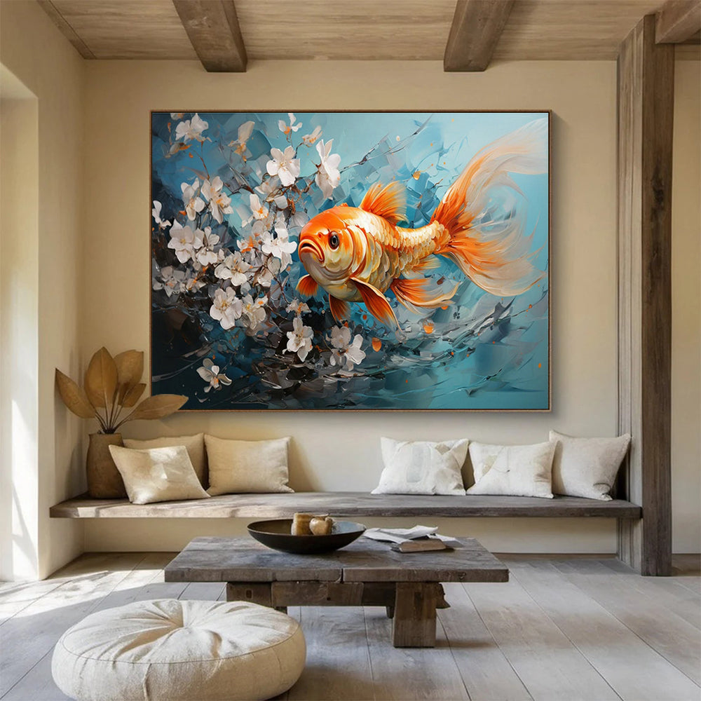 Goldfish & White Flowers Art for Asian - Inspired Tea House Interiors DLZ3148
