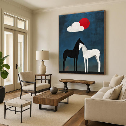 Black and White Horses Under Sun and Cloud for Bohemian - Style Café & Nature - Inspired Art Studio STSC916