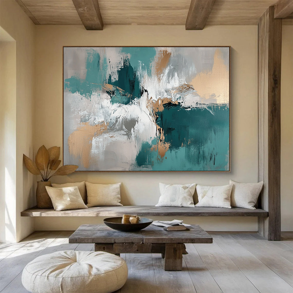 Teal - Gold Abstract Fusion Art for Luxury Hotel Ballroom & Upscale Home Dining Room SC243