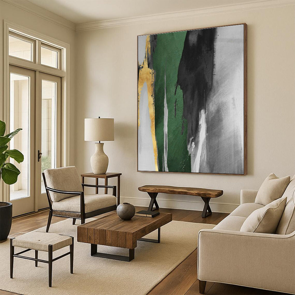 Gold - Green Abstract Strokes Art for Luxury Hotel Lobby & Modern Home Office DLZ1482