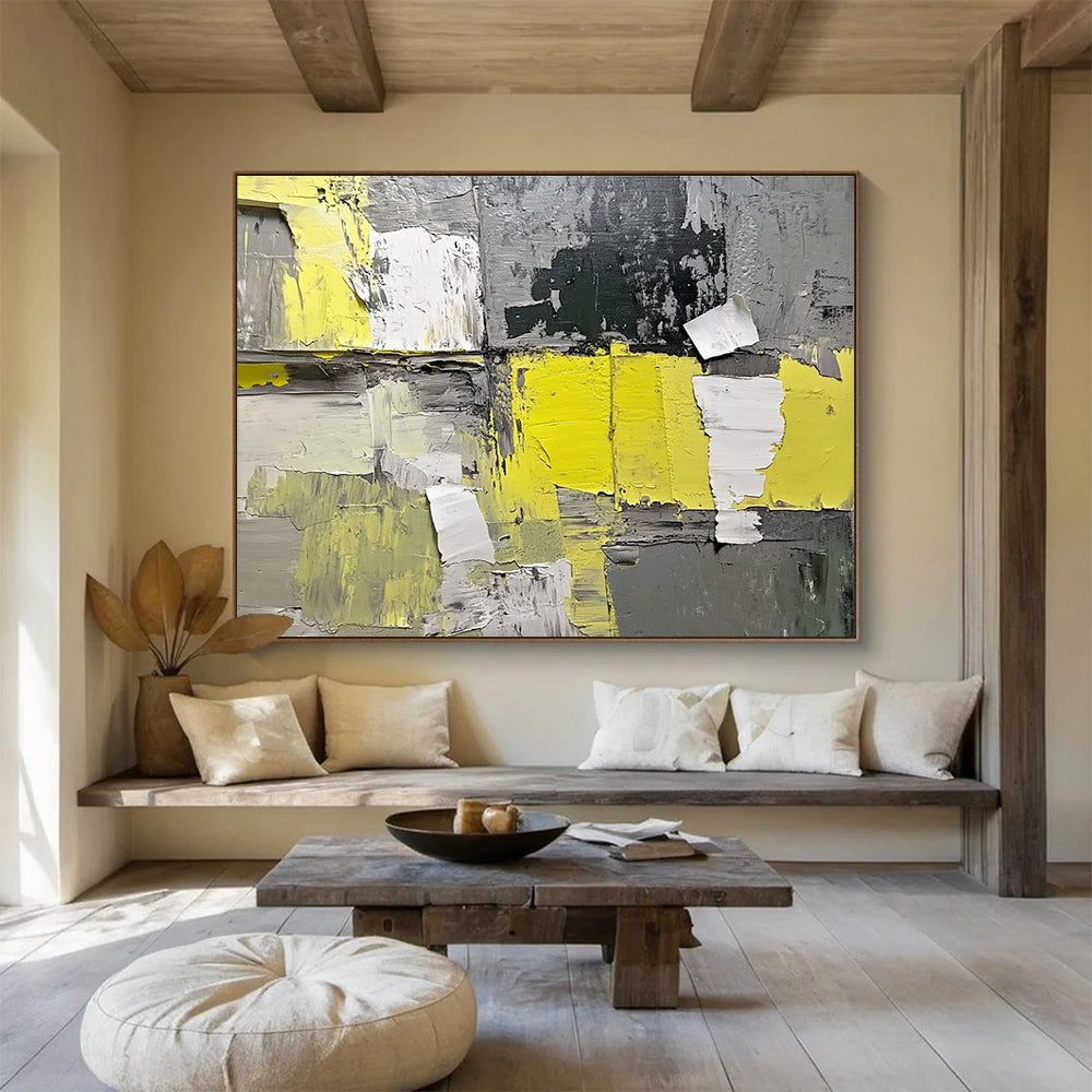 Yellow - Gray Collage Abstract Art for Industrial - Style Café & Modern Art Studio SC240