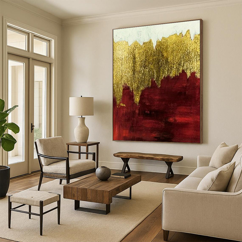Red - Gold Layered Abstract Art for Traditional Library & Dramatic Dining Room DLZ1346
