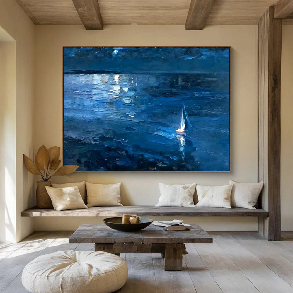 Moonlit Sea View Oil Painting for Coastal - Themed Living Rooms DLZ2484