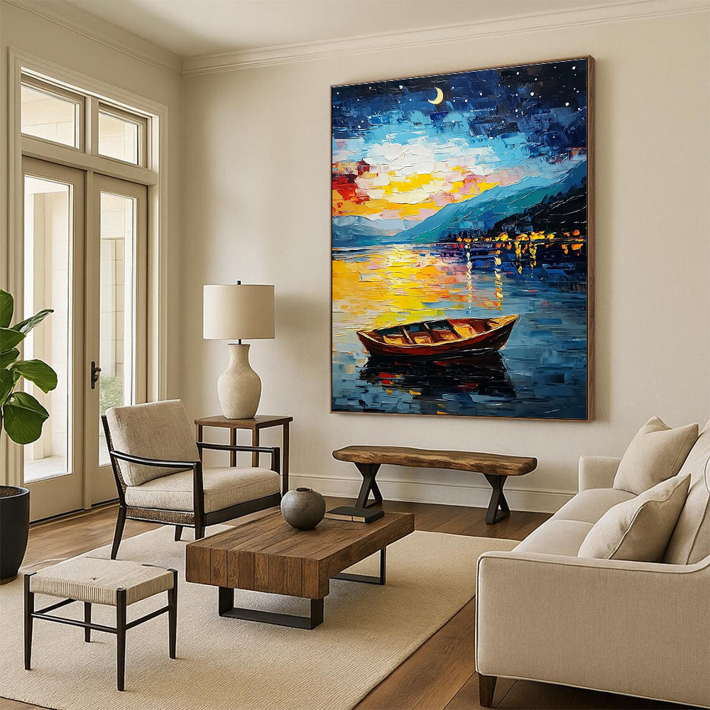 Colorful Night Lake with Boat for Lakeside Lodge & Romantic Dining Room STSC1132