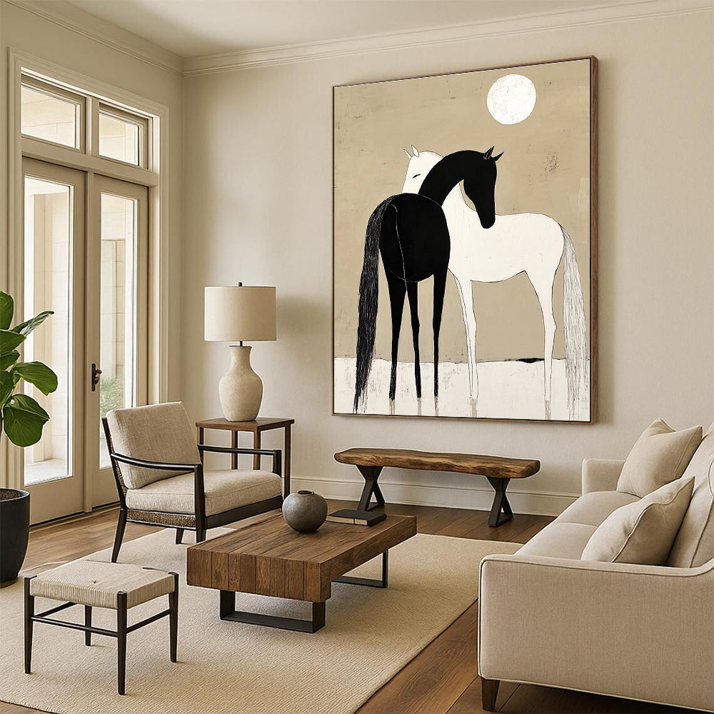 Black and White Horses Under Moon for Minimalist Bedroom & Spiritual Retreat Center STSC915