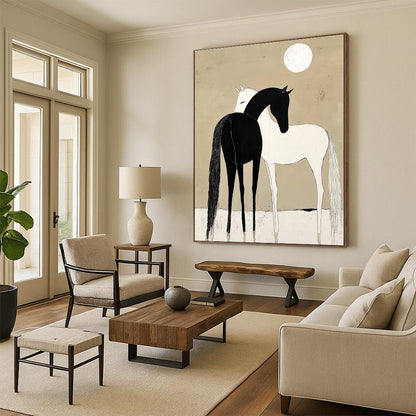 Black and White Horses Under Moon for Minimalist Bedroom & Spiritual Retreat Center STSC915
