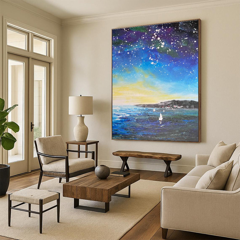 Starry Night Sea Oil Painting for Living Room & Cottage DLZ0347