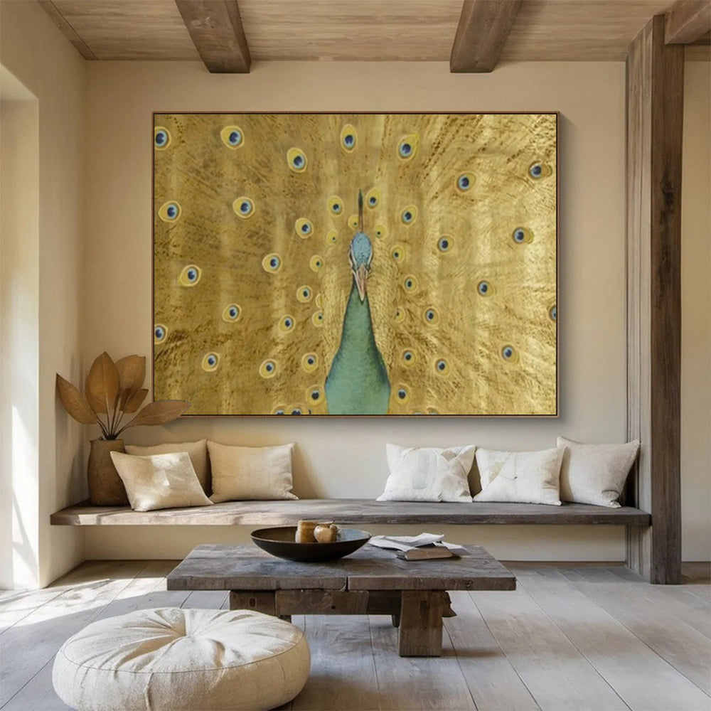 Golden Peacock with Open Feathers Art for Luxe Hotel Lobbies DLZ3124