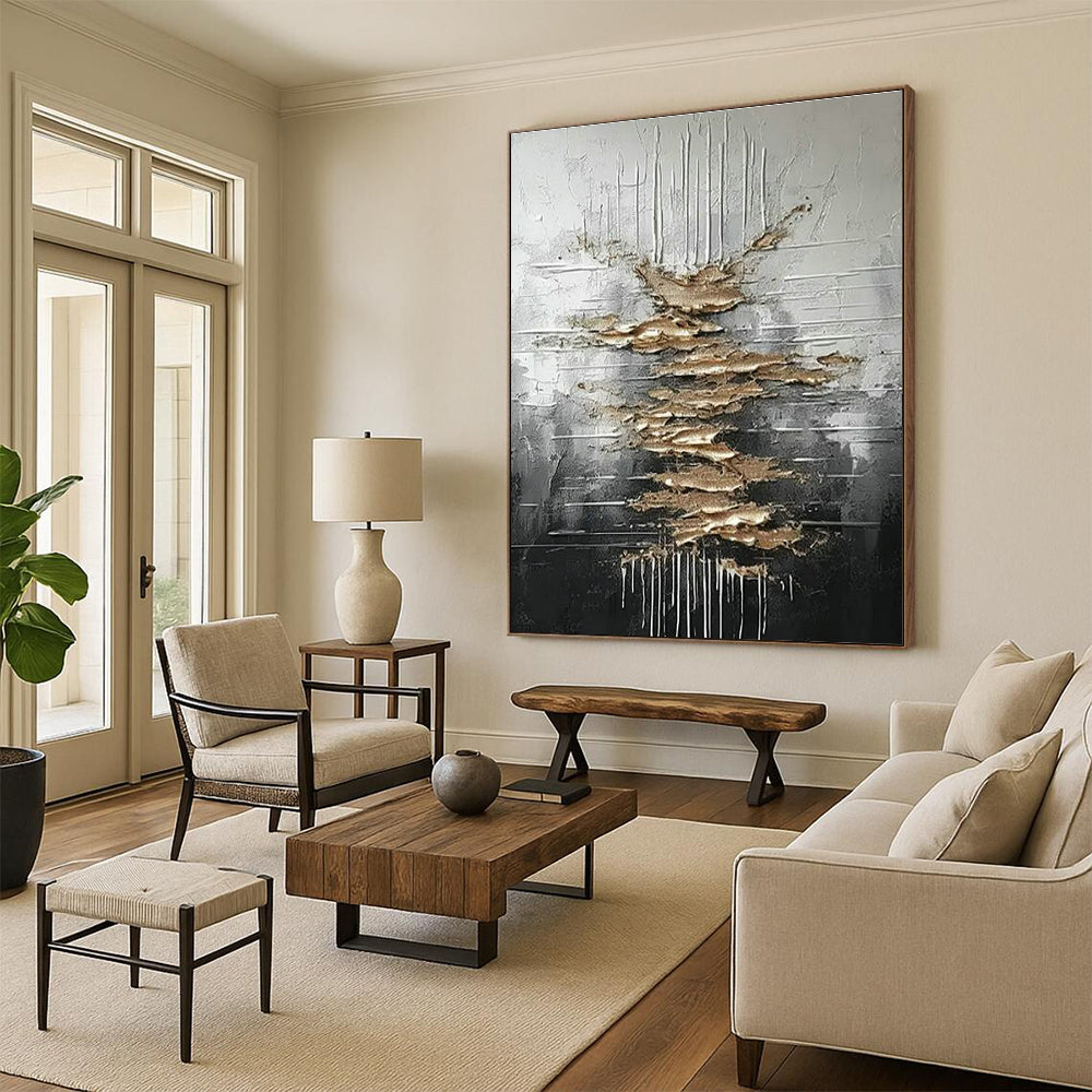 Silver - Gold Textured Abstract Art for Industrial Loft & Art Gallery Exhibition DLZ1751