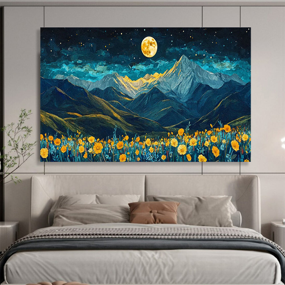 Moonlit Mountain Landscape with Flower Field Art for Inspirational Home Offices DLZ3078