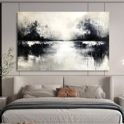 Monochrome Lake Reflection Art for Black - and - White Themed Café & Serene Spa SC056