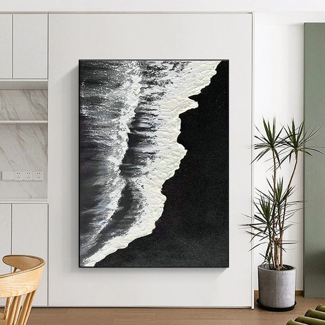 Black - Base Silver Wave Abstract 2 for Minimalist Gallery & Zen - Inspired Meditation Room DLZ0969