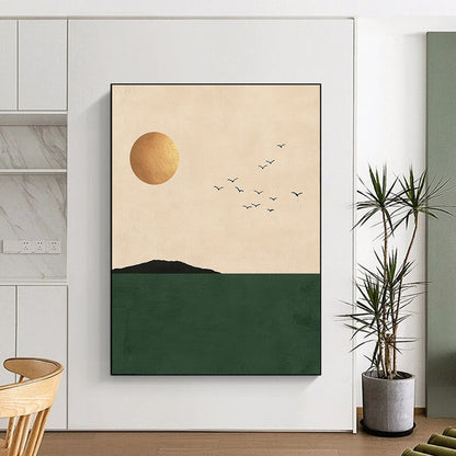 Golden Sun, Birds, and Green Sea Art for Coastal Home Living Area & Wellness Retreat STSC1338