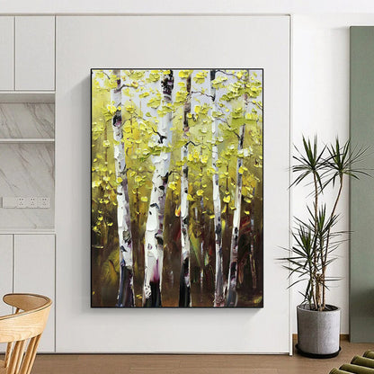 Golden - Leaf Birch Forest Oil Painting for Autumn - Themed Home & Rustic Restaurant DLZ1289