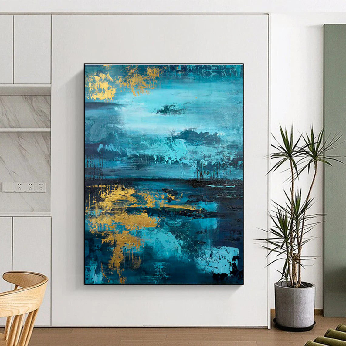 Blue and Gold Waterscape Art for Luxury Living Room & Elegant Hotel Lobby DLZ0740