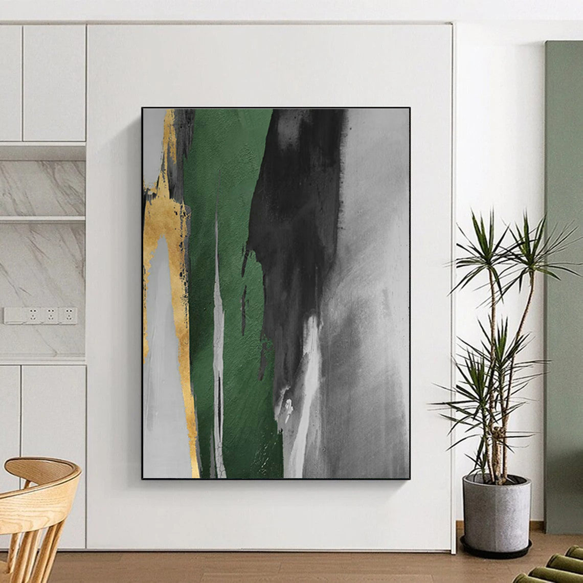 Gold, Green, and Gray Abstract Art for Office Reception & Modern Dining Room DLZ1205