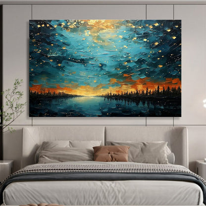Starry Night Lake Landscape Art for Cosy Cabin Getaways DLZ3090