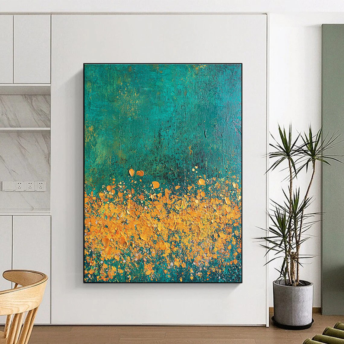 Yellow Flowers on Teal Art for Garden - Themed Café & Nature Lover’s Bedroom STSC1110