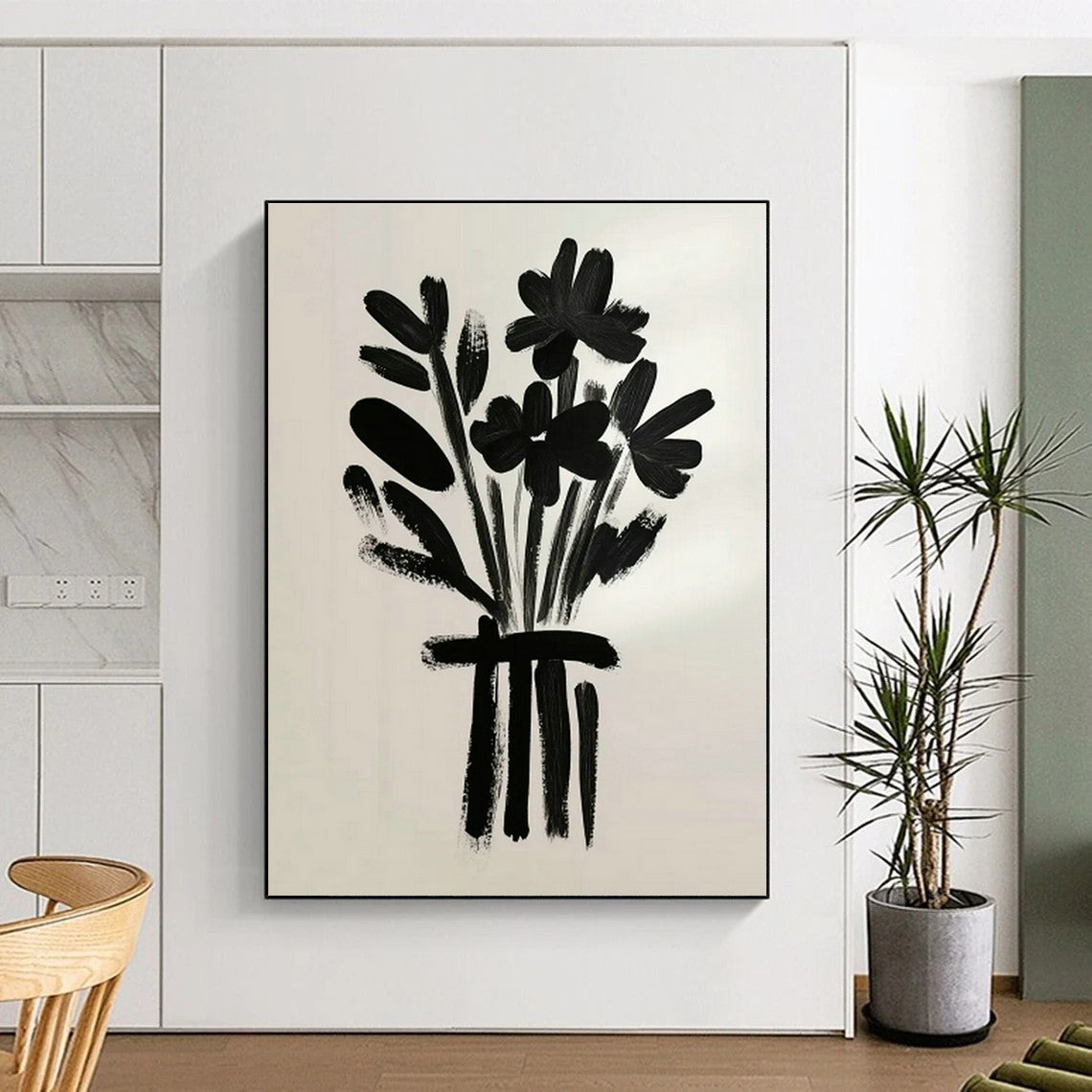 Black Floral Bouquet Art for Minimalist Dining Room & Monochrome Retail Store DLZ0698