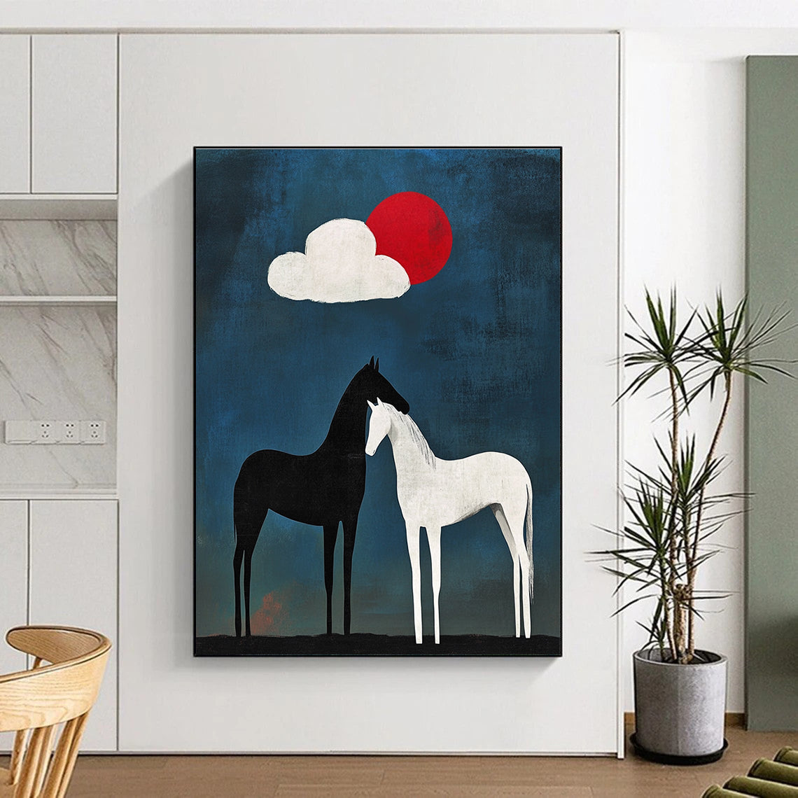 Black and White Horses Under Sun and Cloud for Bohemian - Style Café & Nature - Inspired Art Studio STSC916