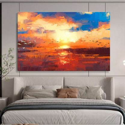 Orange - Blue Sunset with Birds Art for Serene Garden Room DLZ2771