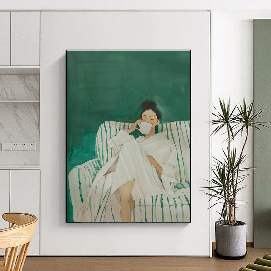Woman in White Robe on Green Sofa Art for Spa Retreat & Cozy Bedroom DLZ0690