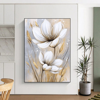 White and Gold Flowers Luxurious Floral Art for High - End Hotel Lobby & Glamorous Home Bedroom STSC1476