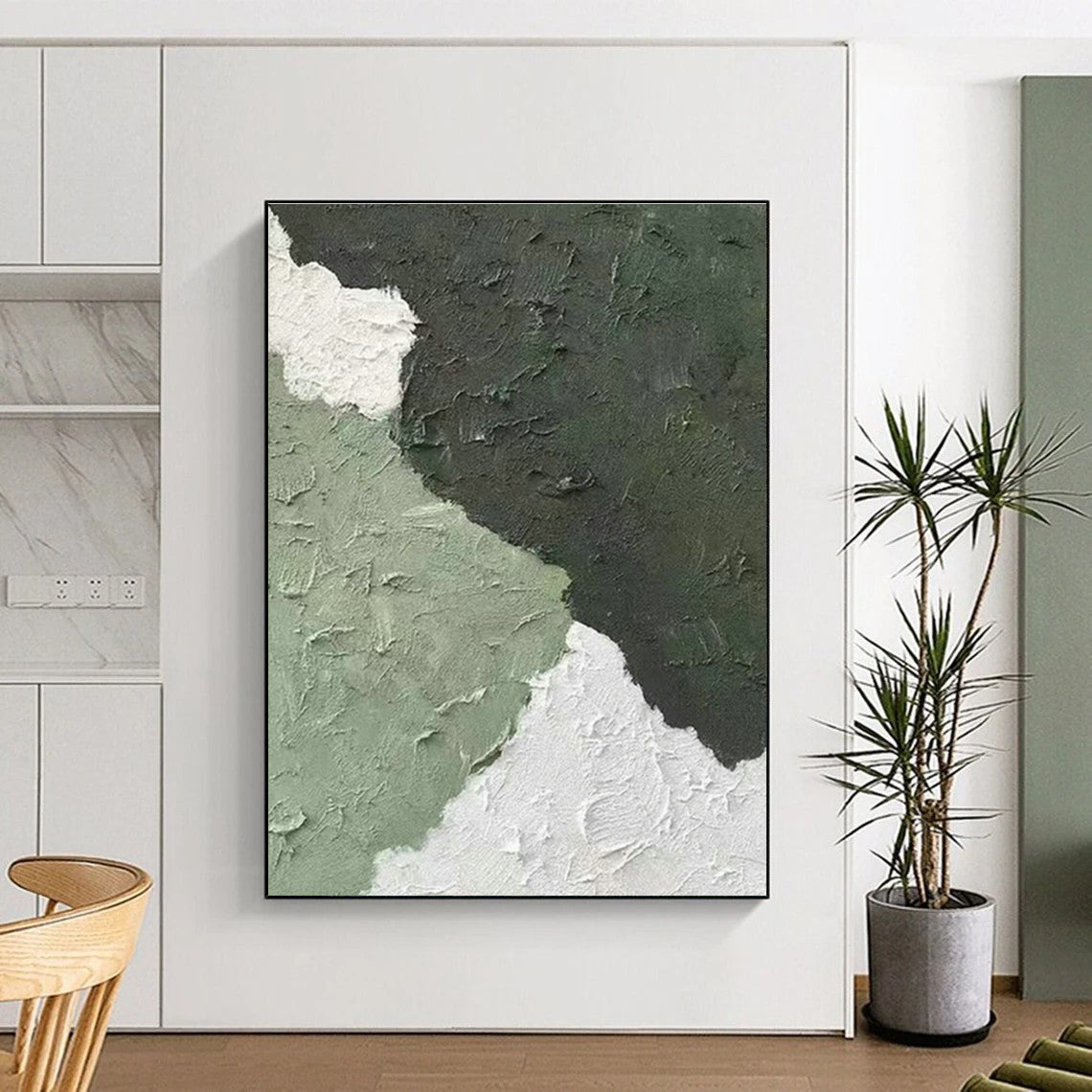 Green - White Textured Abstract Art for Bohemian Living Room & Plant - Filled Café DLZ1333