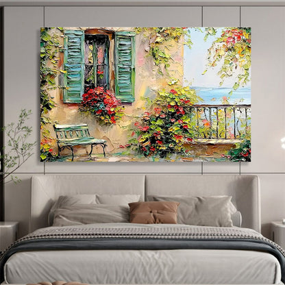 Coastal Cottage with Flower Boxes Art for Charming Nautical - Themed Cafés DLZ3076