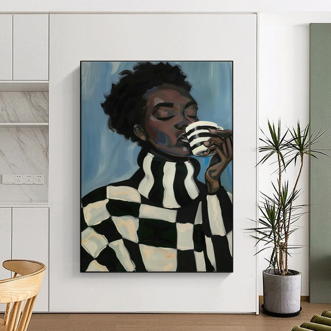 Black - White Checkered Figure Drinking Art for Café Corner & Modern Kitchen DLZ0701