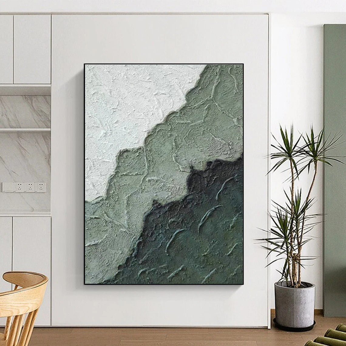 Gray - White - Green Textured Abstract Art for Minimalist Bedroom & Contemporary Art Space DLZ1219