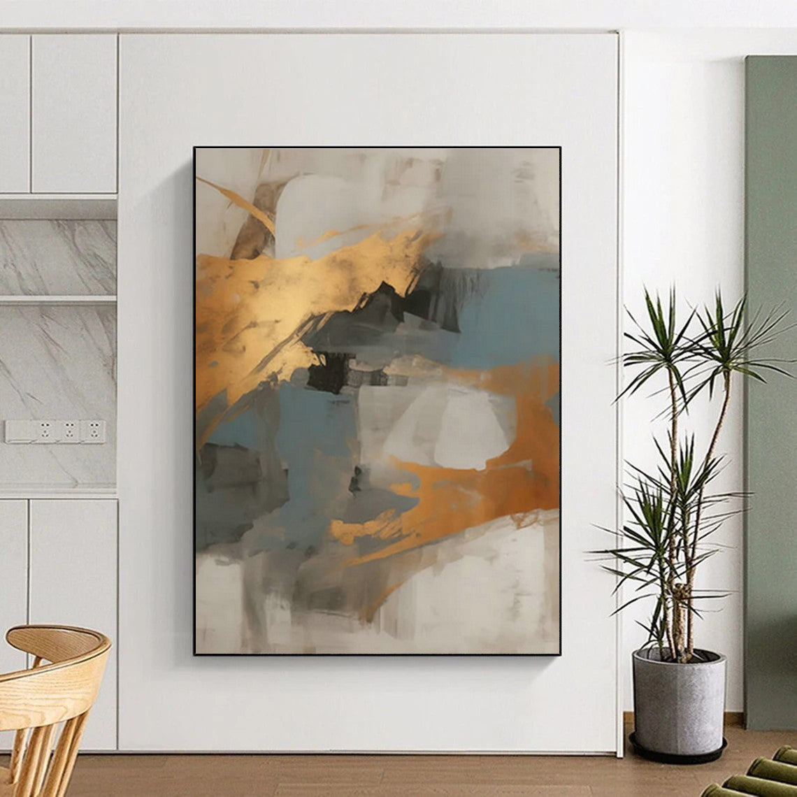 Gold - Blue - Gray Abstract Art for Coastal Home Beach House & Corporate Meeting Room DLZ1733