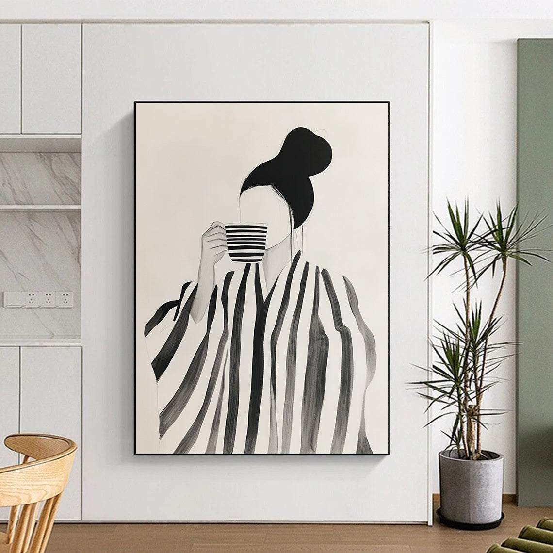 Woman with Striped Robe and Cup Art for Fashion - Forward Boutique & Cozy Reading Nook STSC1344