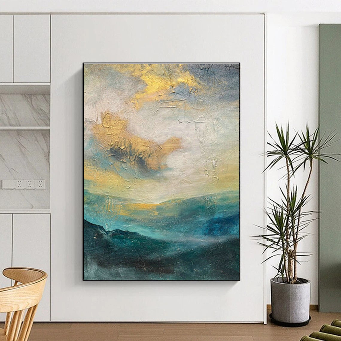Gold - Blue Landscape - Inspired Abstract Art for Coastal Villa & Art - Themed Café DLZ1901