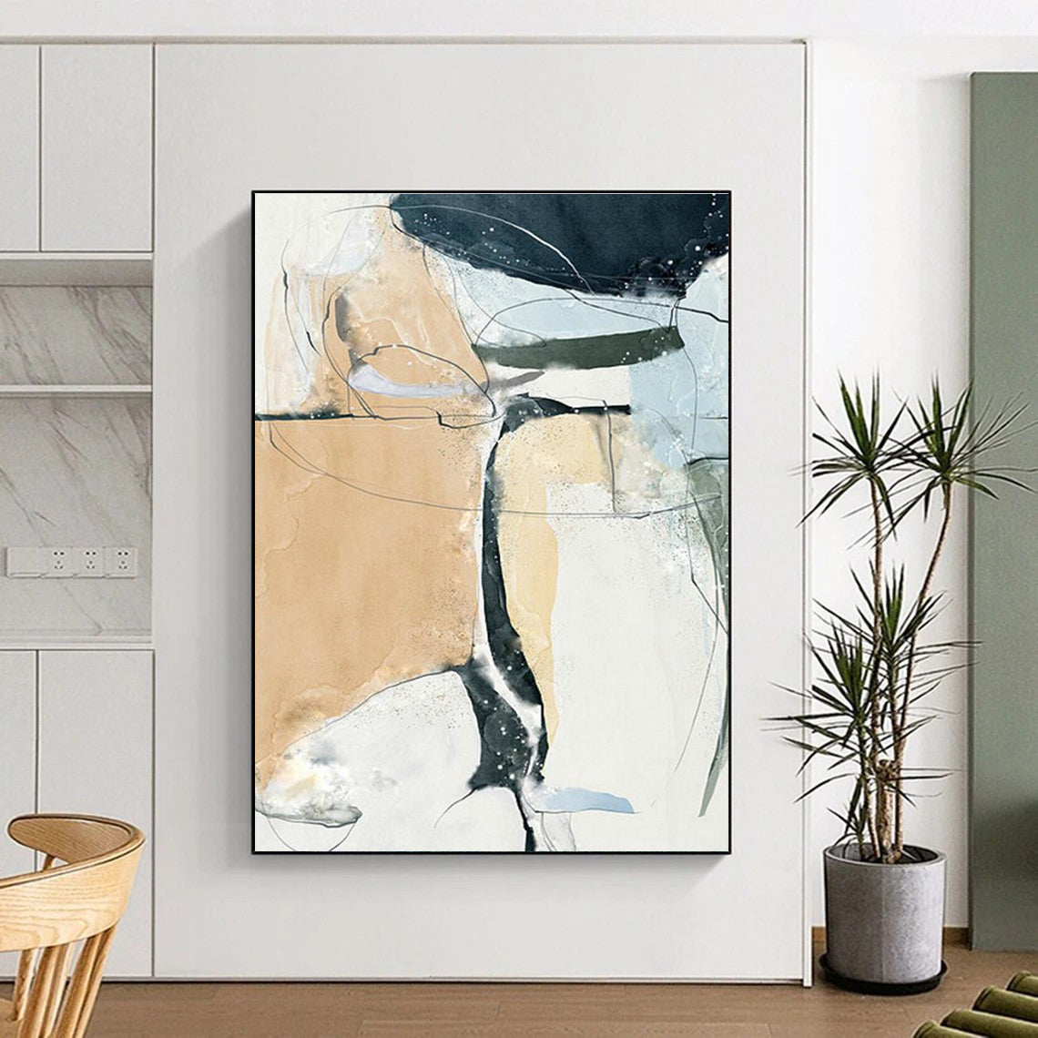 Beige and Blue Abstract Lines Art for Minimalist Living Room & Creative Studio DLZ2223