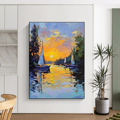 Sunset Sailboats on River Art for Riverside Restaurant & Relaxing Home Balcony STSC1419