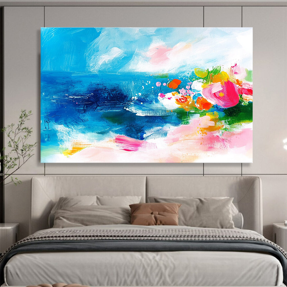 Blue Sea and Colorful Flowers Art for Bohemian Living Room & Garden - Themed Restaurant SC363
