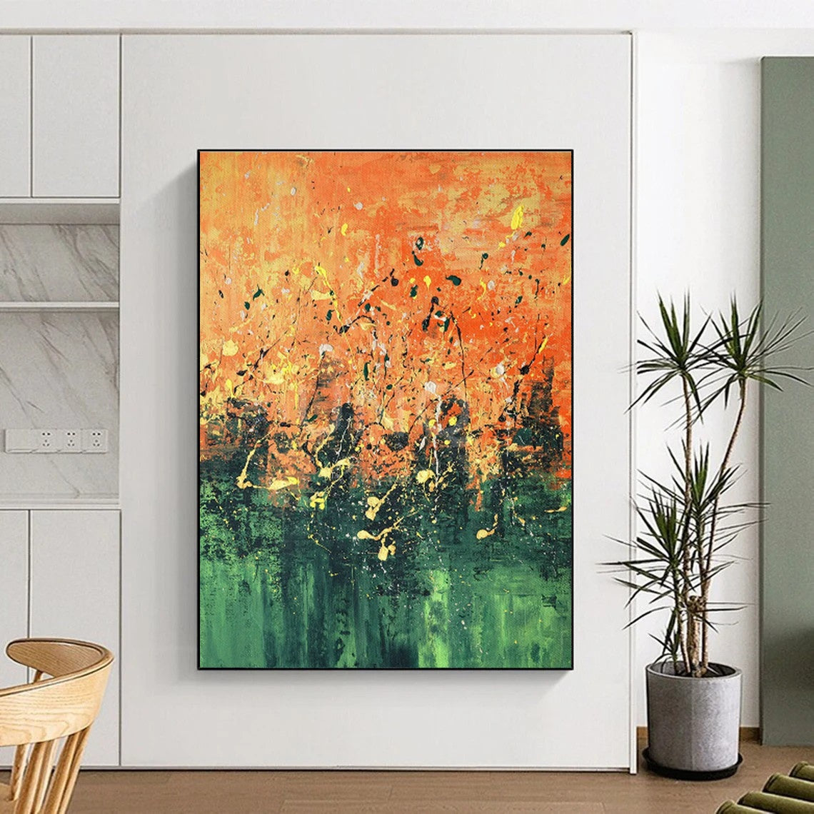 Orange - Green Splatter Abstract Art for Living Room & Art Studio DLZ0445