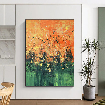 Orange - Green Splatter Abstract Art for Living Room & Art Studio DLZ0445