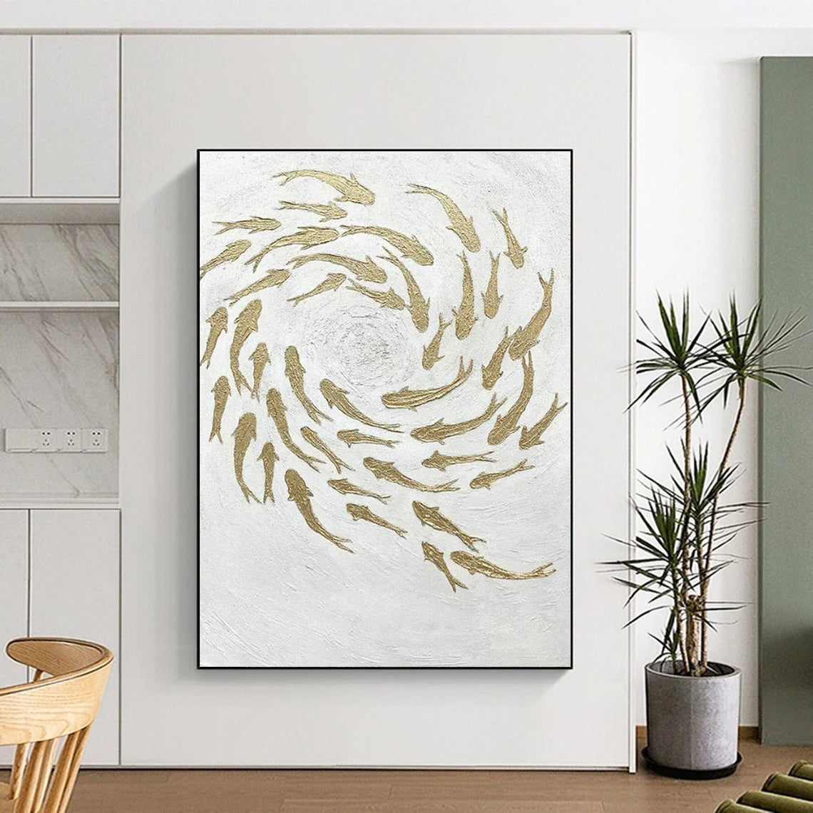 Golden Fish Swirl Art for Feng Shui - themed Home & Luxury Restaurant DLZ2244