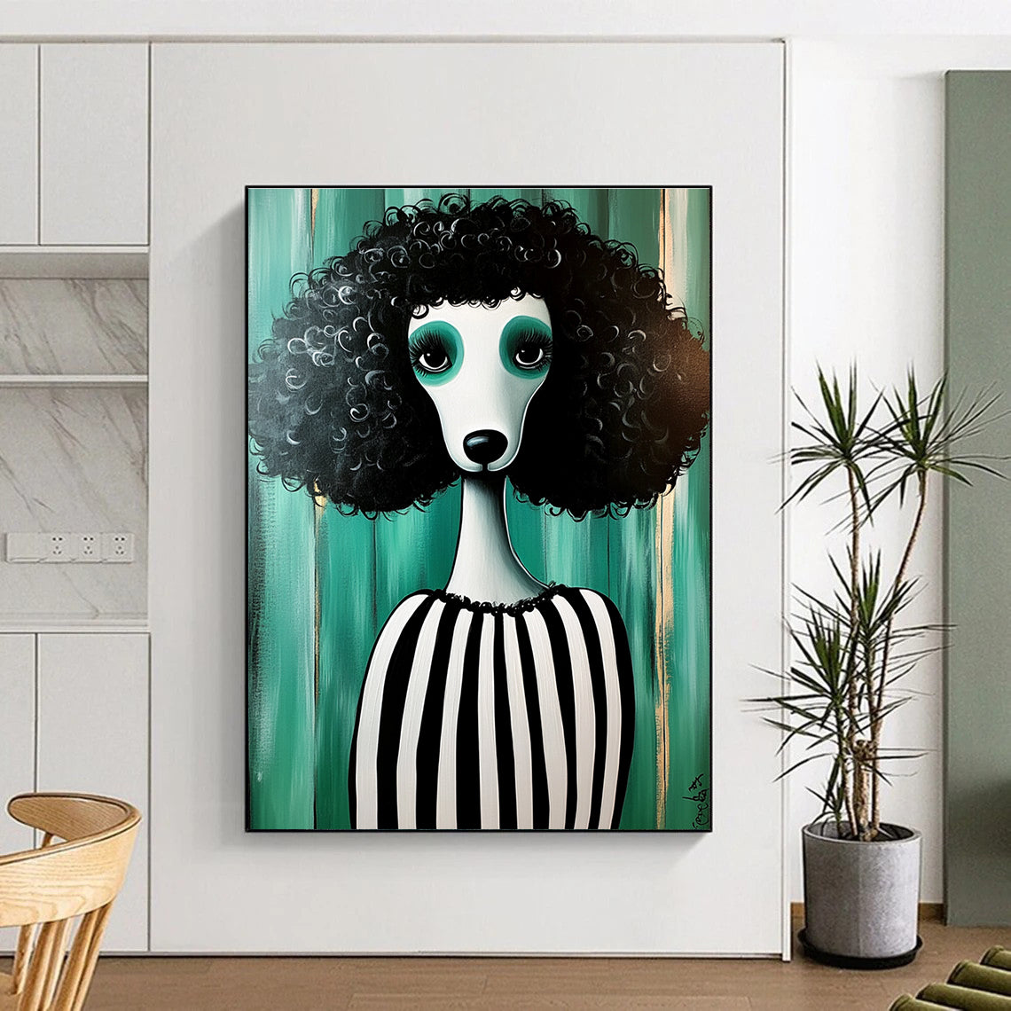 Curly - haired Poodle in Stripes for Quirky Pet Café & Eclectic Home Living Room STSC1000