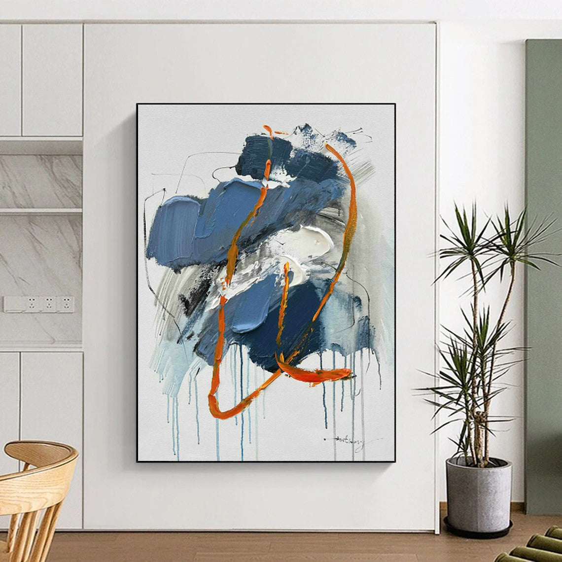 Blue - Orange Drip Abstract Art for Creative Studio & Trendy Rooftop Bar DLZ0818