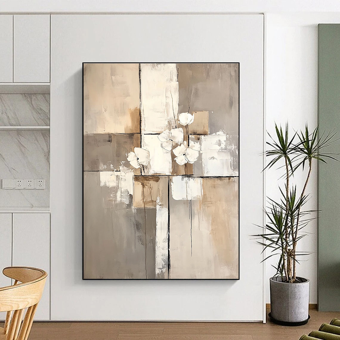 Abstract Flowers in Neutrals for Scandinavian - Style Bedroom & Sophisticated Home Library STSC431