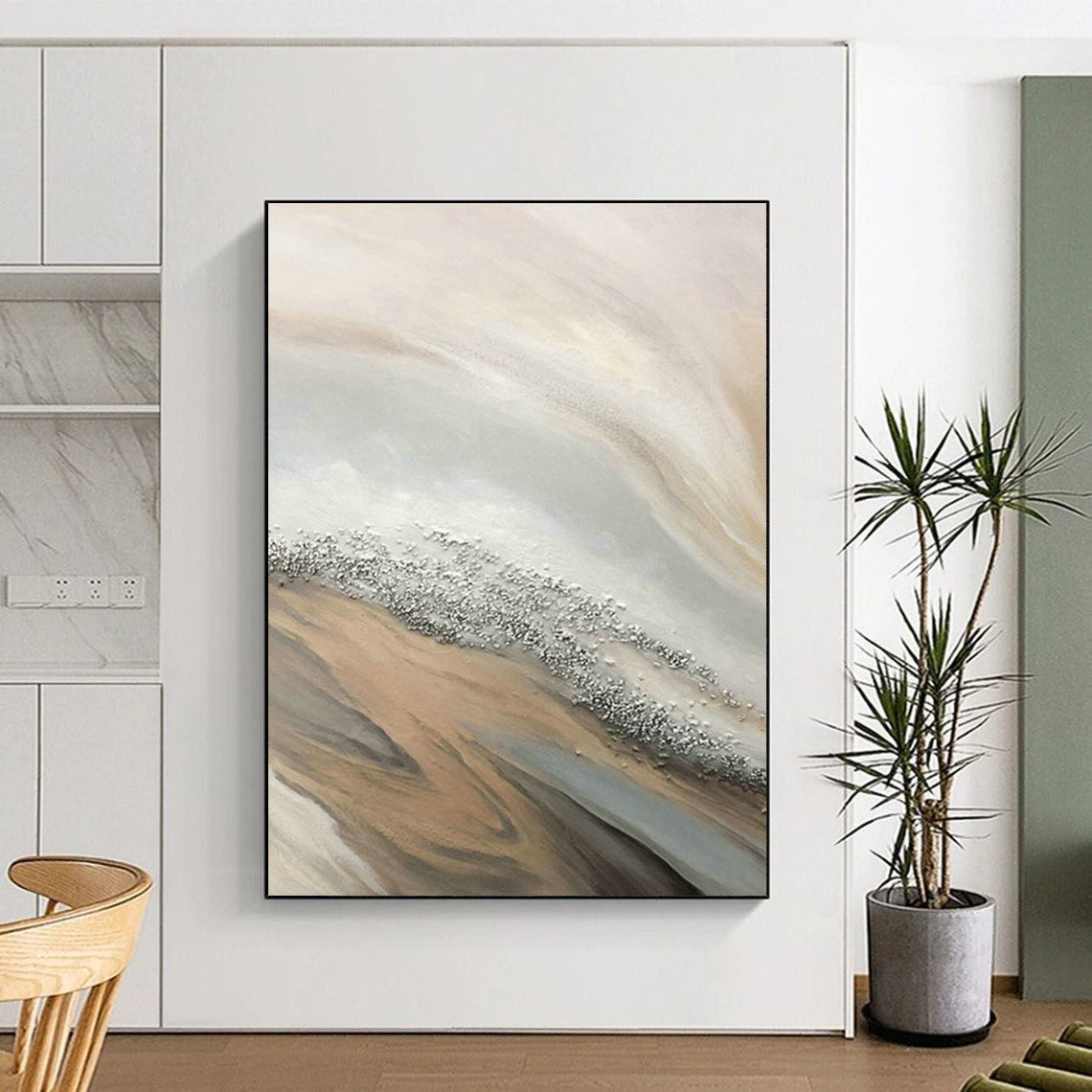 Beige - Silver - Gold Wave Abstract Art for Coastal Home & Beachfront Restaurant DLZ1235