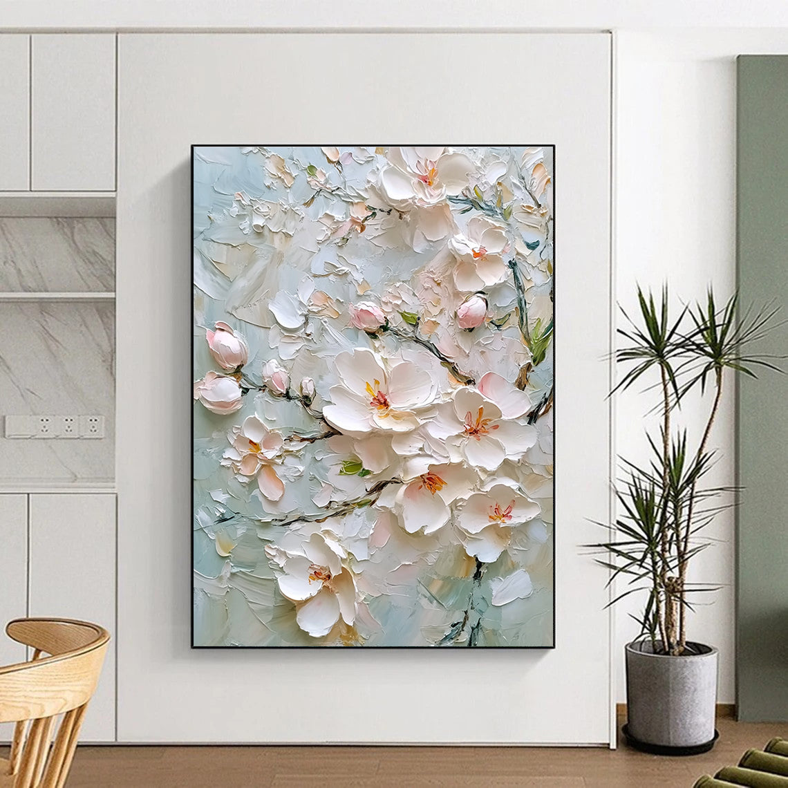 Textured White Flowers on Light Blue Art for Coastal Home Living Area & Spa - Like Bathroom STSC1364