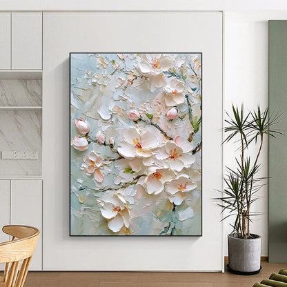Textured White Flowers on Light Blue Art for Coastal Home Living Area & Spa - Like Bathroom STSC1364