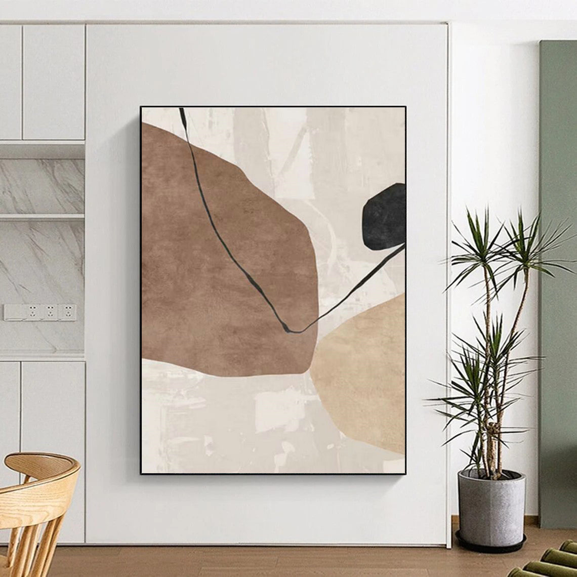 Beige and Black Abstract Forms Art for Minimalist Bedroom & Contemporary Art Lounge DLZ2219