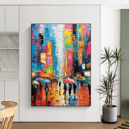 Colorful City Rain Scene Art for Contemporary Café & Urban Art Lover’s Home DLZ1555